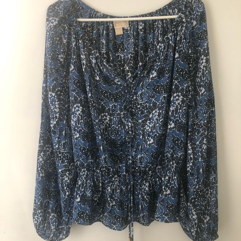 Micheal micheal kores long blue print sleeved blouse size L